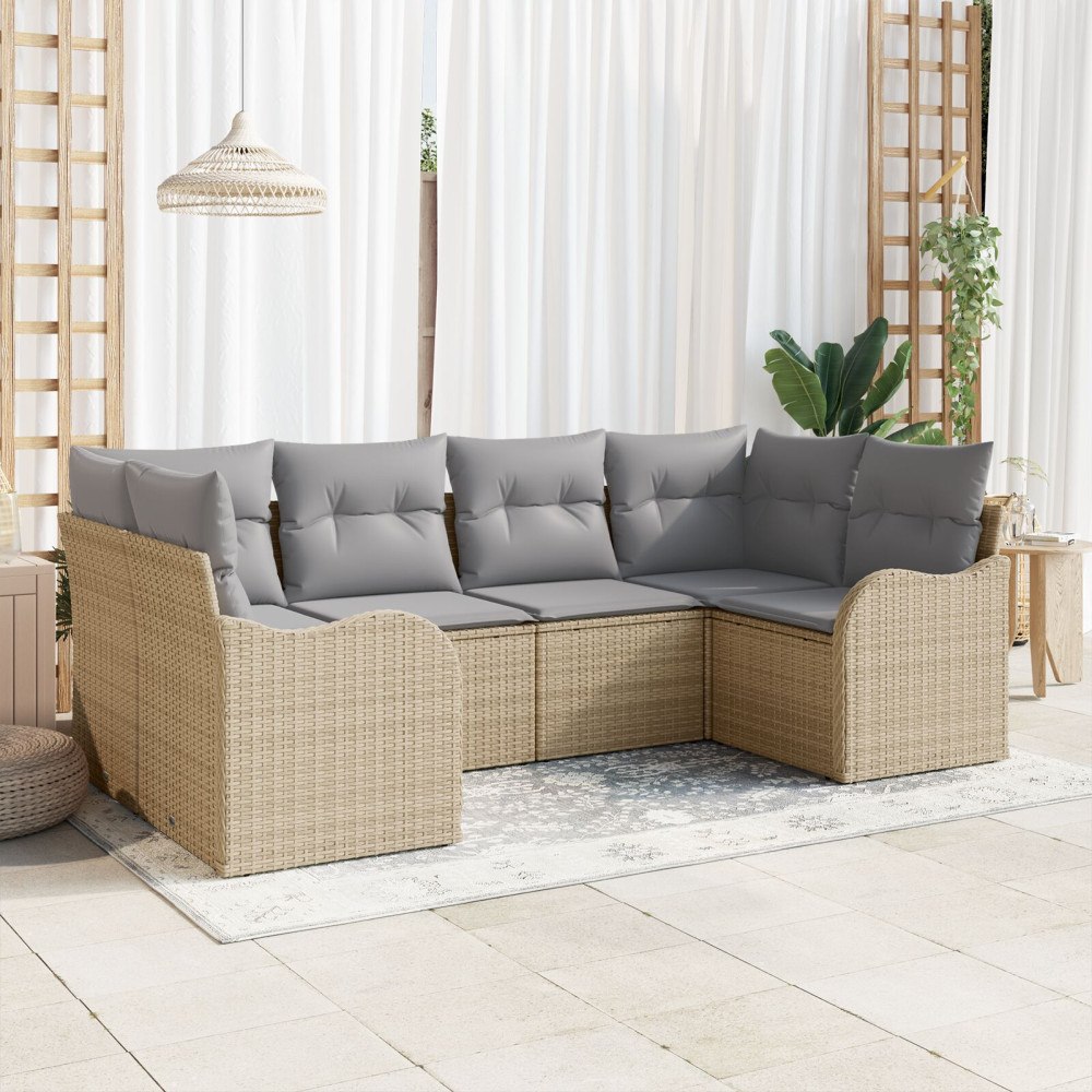 vidaXL Trädgårdsoffset med kudde 6 pcs Beige Poly rattan