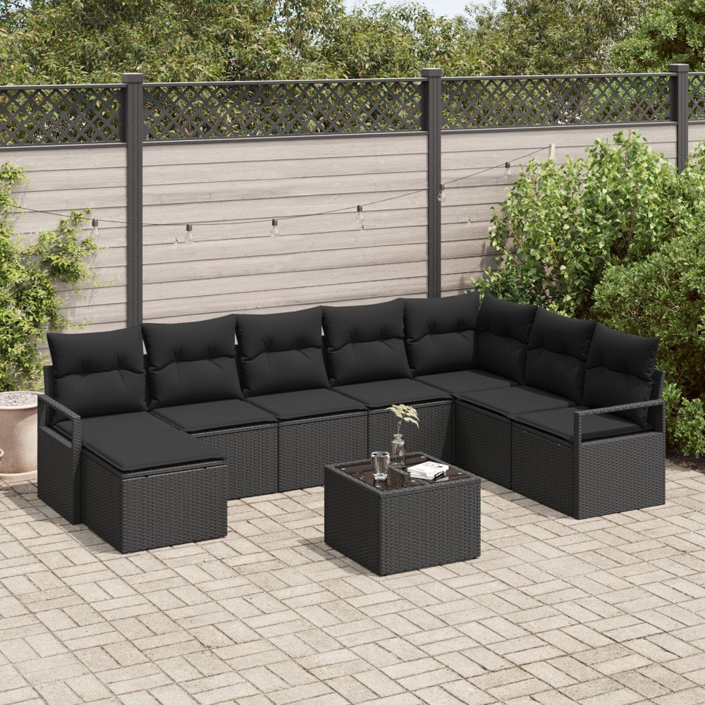 vidaXL Trädgårdsoffset 9 pcs Svart Poly rattan