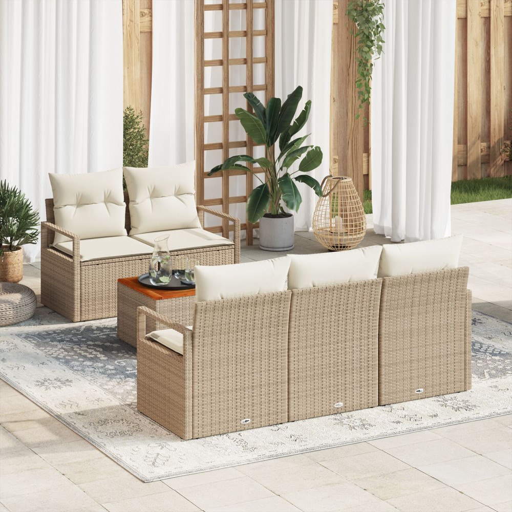 vidaXL Trädgårdsoffset med kudde 6 pcs Beige Poly rattan