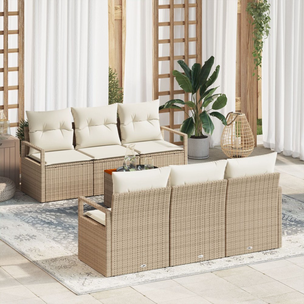 vidaXL Trädgårdsoffset med kudde 7 pcs Beige Poly rattan