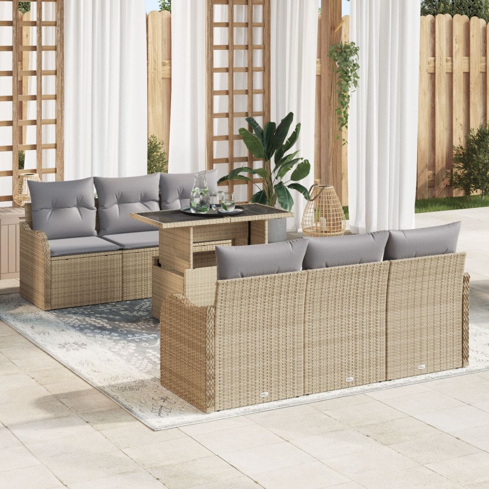 vidaXL Trädgårdsoffset med kudde 7 pcs Beige Poly rattan