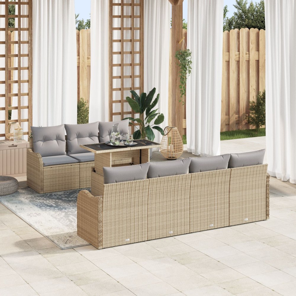 vidaXL Trädgårdsoffset med kudde 8 pcs Beige Poly rattan
