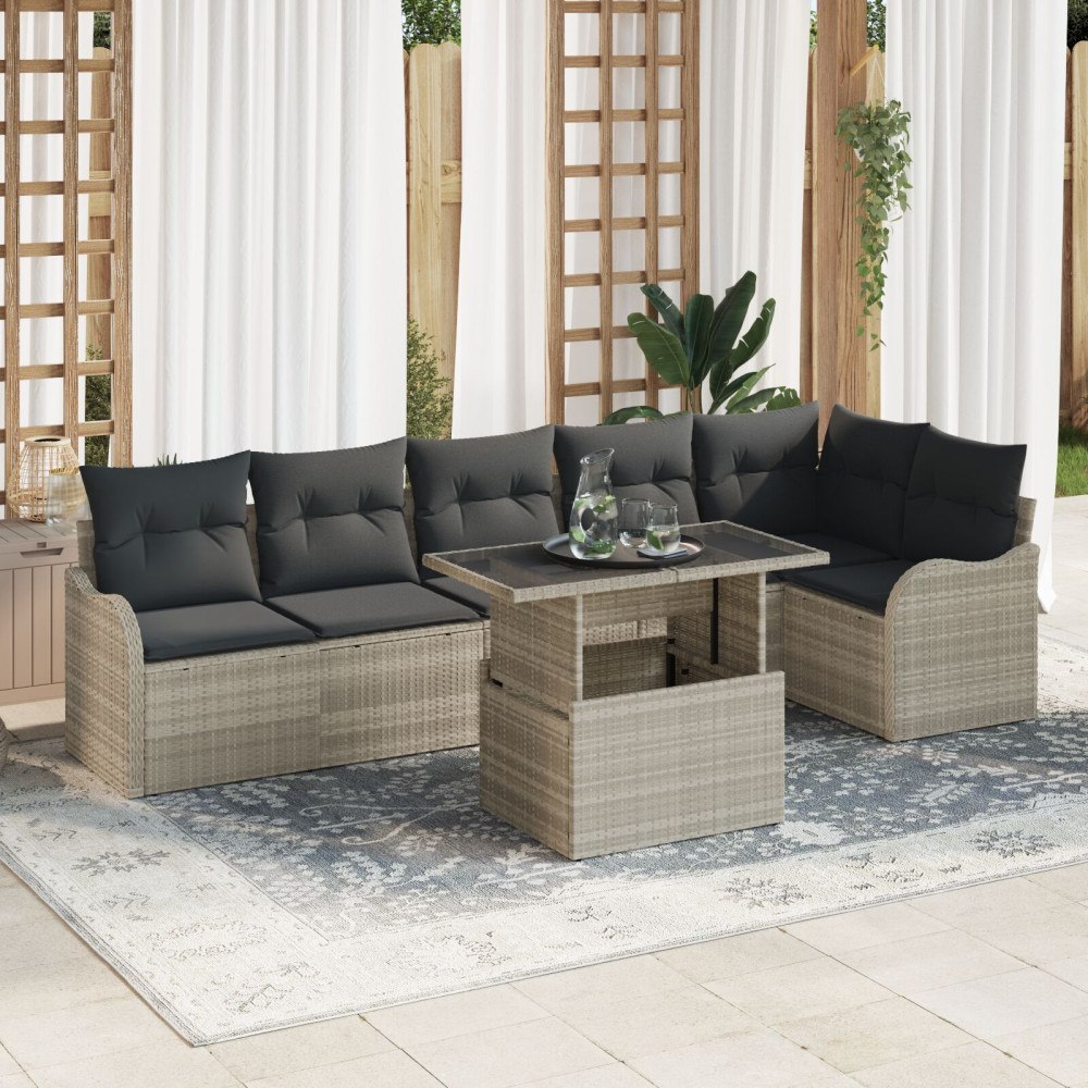 vidaXL Soffset med kudde 7 pcs Ljusgrå Poly rattan