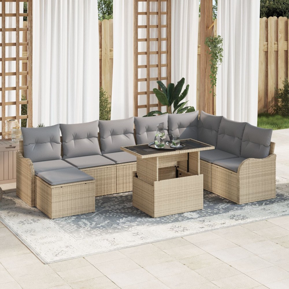 vidaXL 9-delars trädgårdsoff set med kuddar beige poly rotting, vidaXL 2-sits trädgårdsoffa med kuddar beige poly rotting