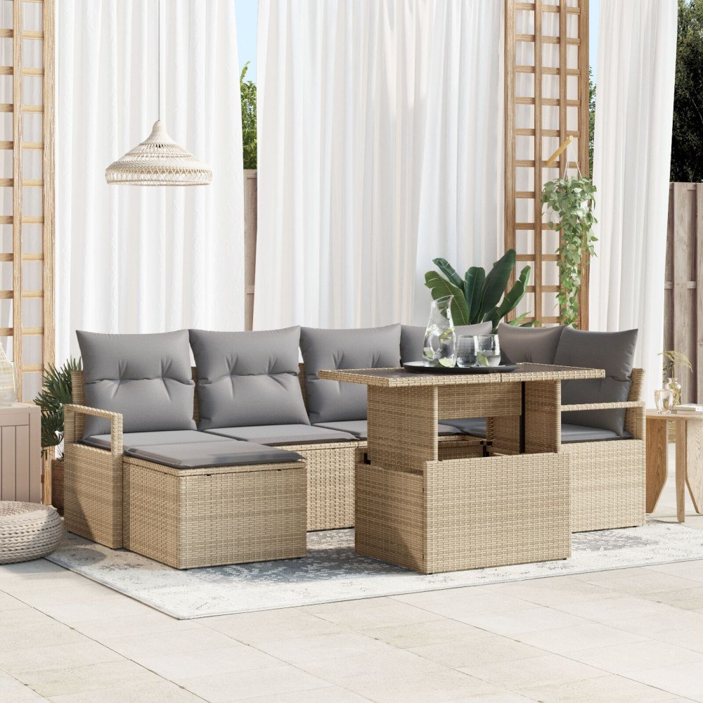 vidaXL 7-delat Trädgårdsoffaset med kuddar Beige Polyrotting