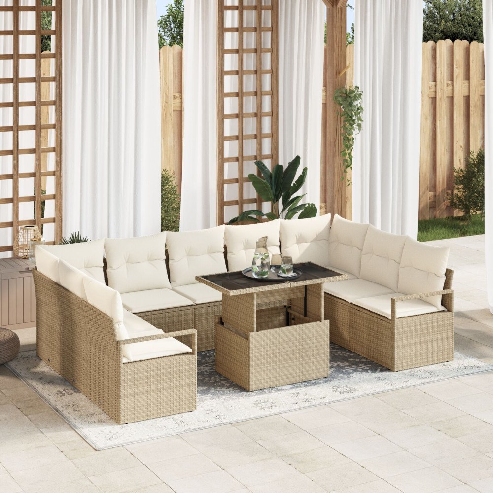 vidaXL 10-delad trädgårdsoffset med kuddar Beige Poly Rattan, vidaXL 2-sits trädgårdsoffset med kuddar Beige Poly Rattan