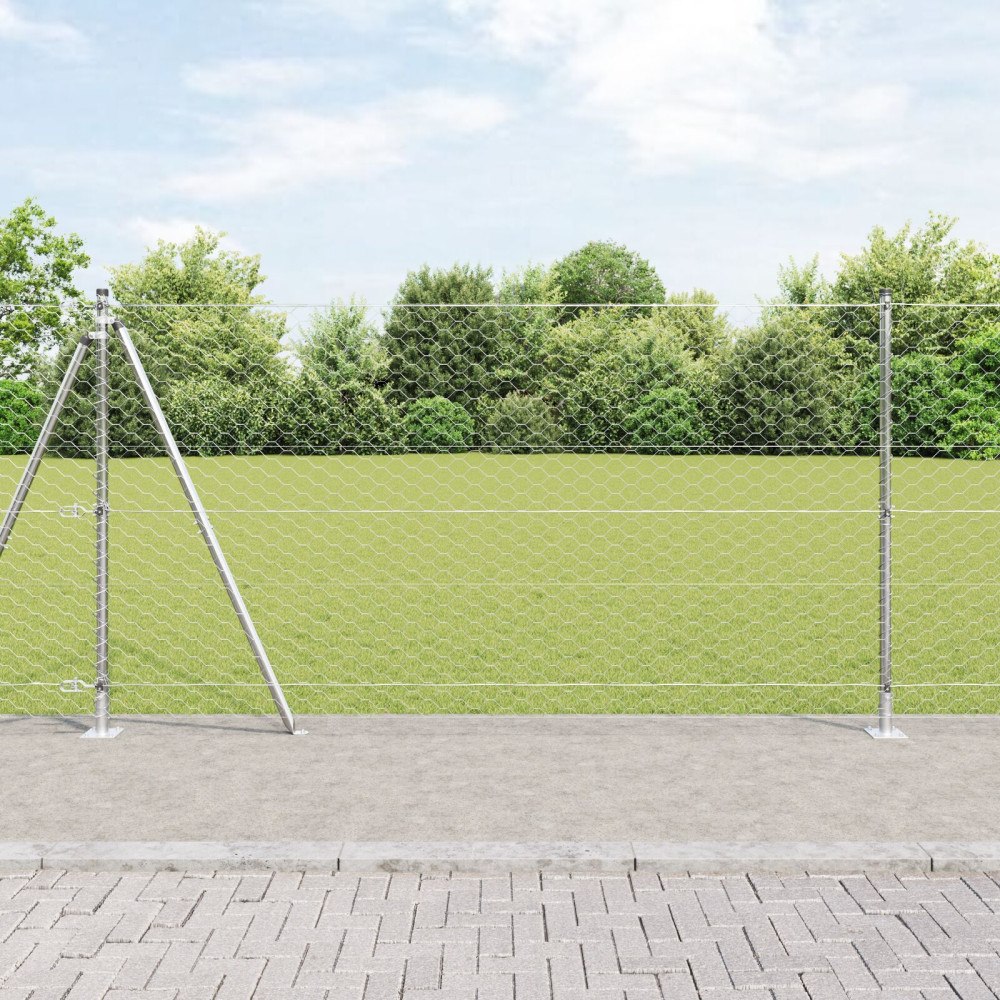 vidaXL Hexagontråd Staket med 7 Flänsade Inlägg 1,2x25 m Stål Silver