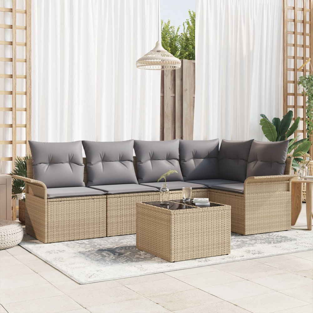vidaXL Trädgårdsoffset med kudde med lagring 6 pcs Beige Poly rattan