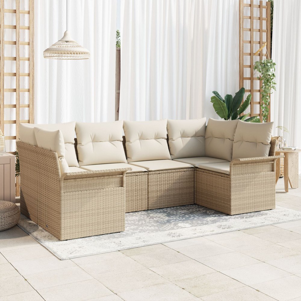 vidaXL 6 Delars Trädgårdsoffset med kuddar Beige Poly Rattan