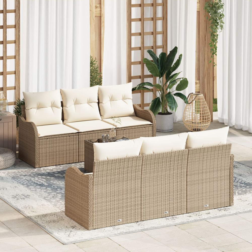 vidaXL 7 Delars Trädgårdsoffset med Kuddar Beige Poly Rattan