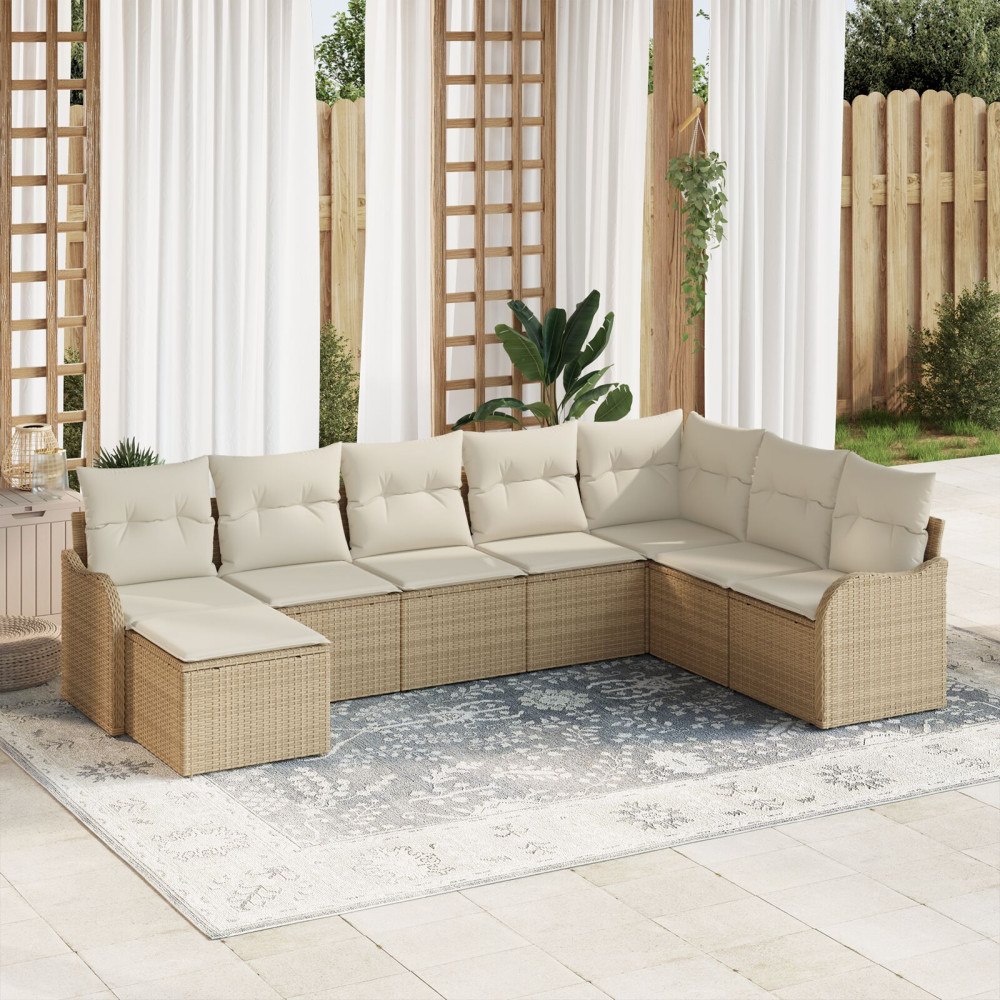 vidaXL 8-delad trädgårdsoffagrupp med kuddar beige poly rattan