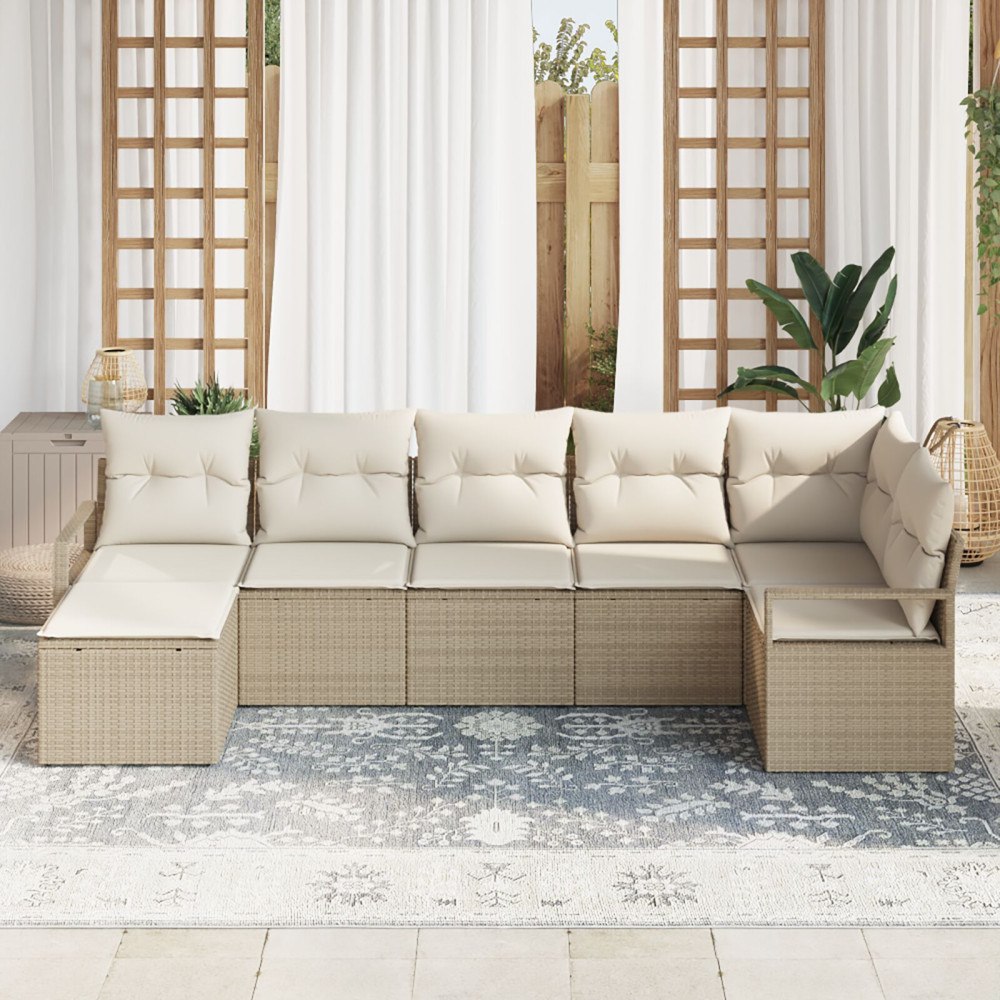 vidaXL 7-delad Trädgårdsofforsett med Kuddar Beige Poly Rottning