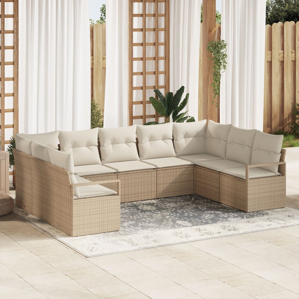 vidaXL 9-delad trädgårdsoffasett med kuddar beige poly rattan