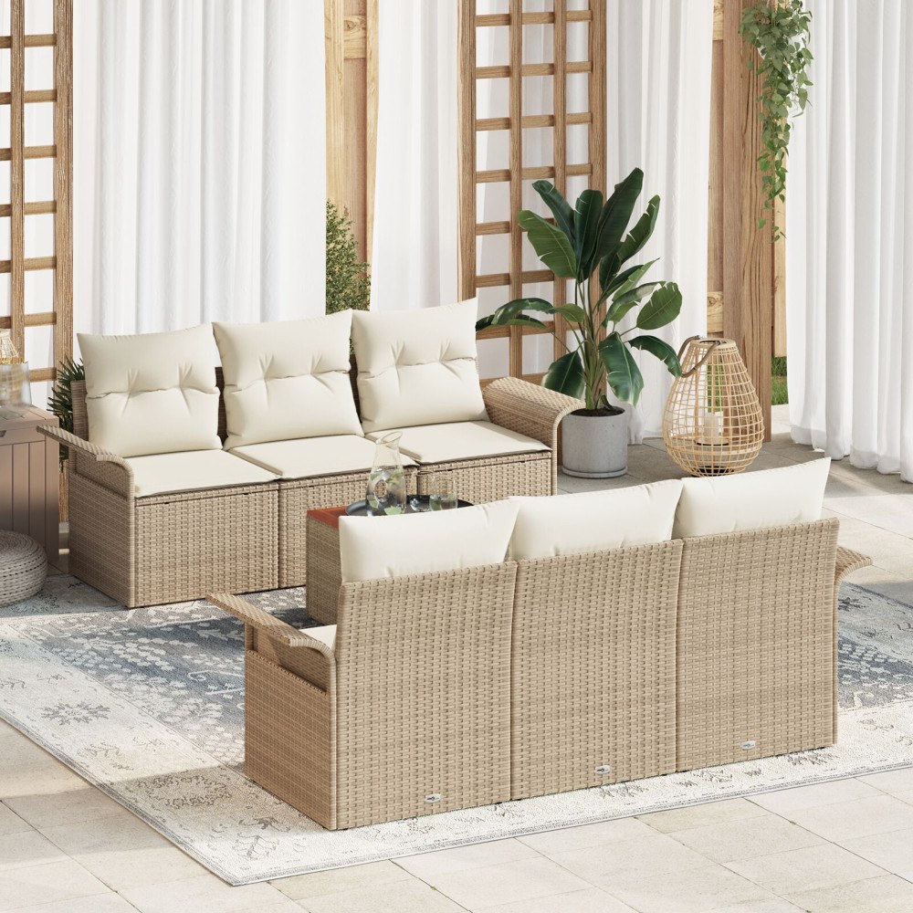 vidaXL 7-delars trädgårdsoffset med kuddar beige poly rattan akacia