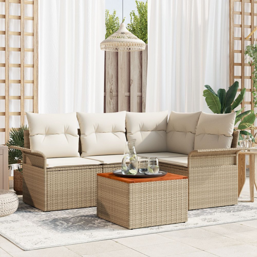 vidaXL 5-delat Trädgårdsoffasett med kuddar Beige Poly Rattan Akacia