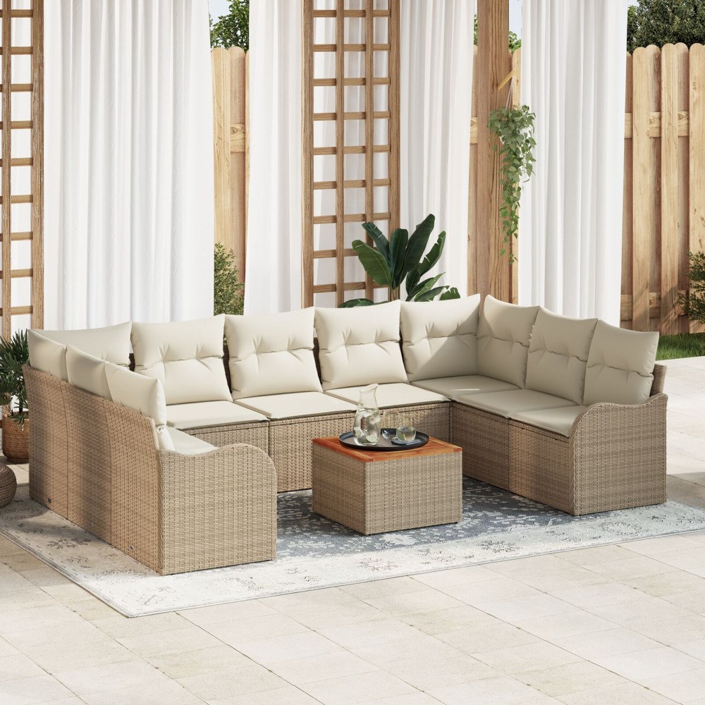 vidaXL 10-delat Trädgårdsofa-set med kuddar Beige Poly Rattan Akacia