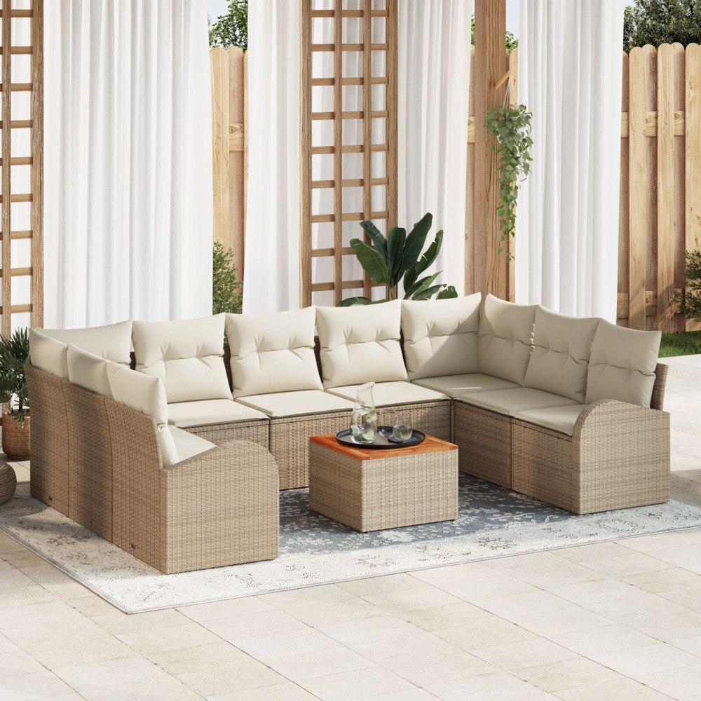 vidaXL 10-delad Trädgårdsoffset med Kuddar Beige Poly Rattan Akacia