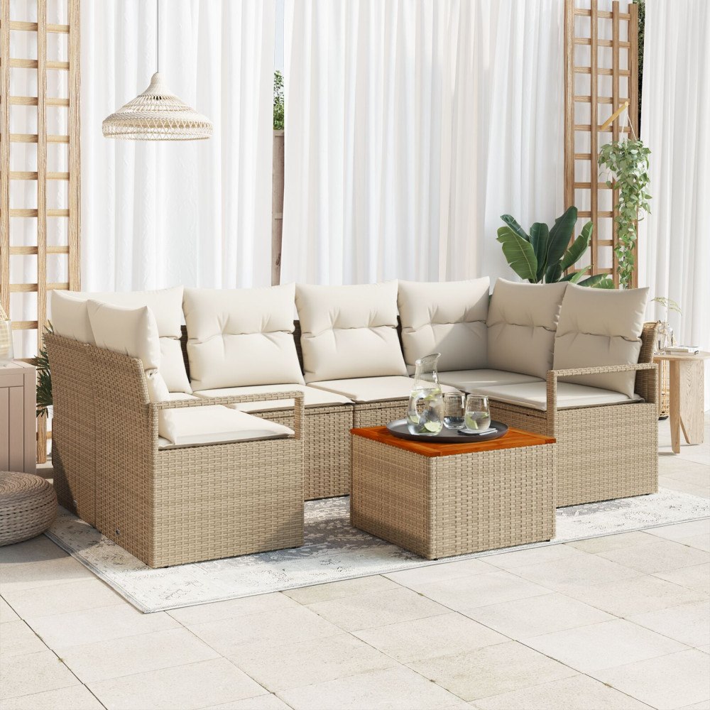 vidaXL 7-delars trädgårdsoffset med kuddar beige polyrotting acacia