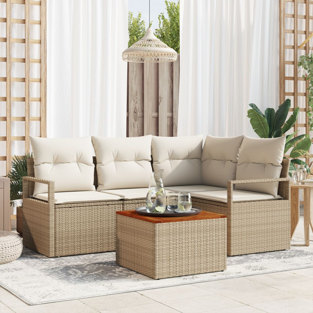 vidaXL s 5-delade trädgårdsoffaset med kuddar beige poly rattan akacia
