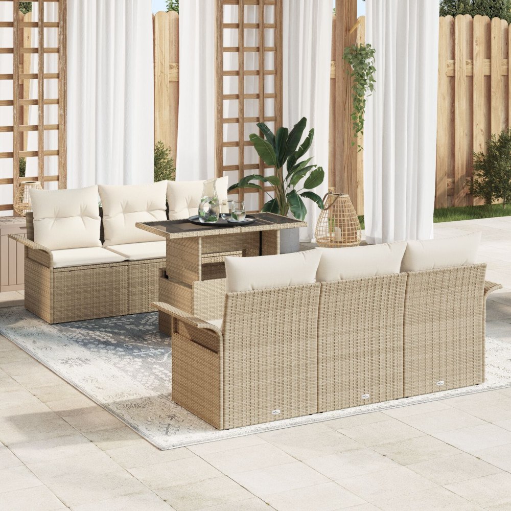 vidaXL 7-delat trädgårdsoffaset med kuddar Beige Poly Rattan