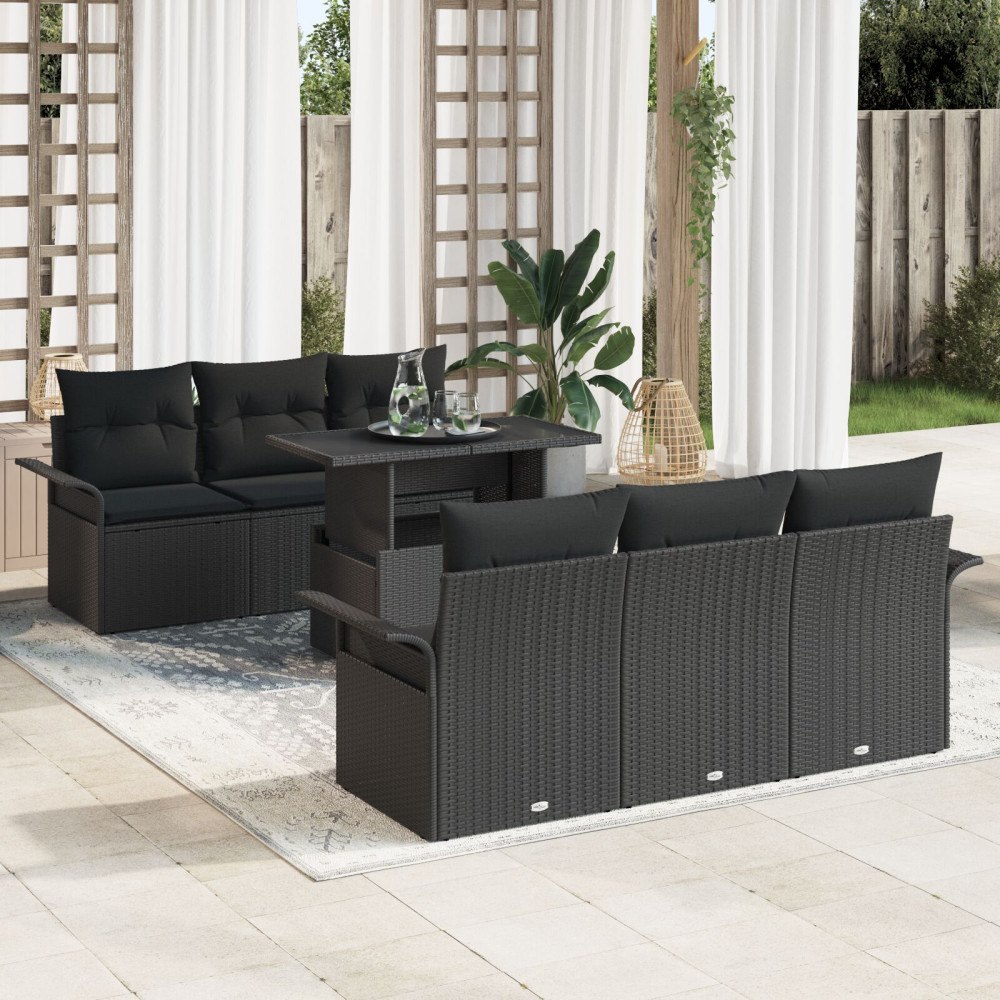 vidaXL Trädgårdsoffset 7 st Svart [Syntetisk]: Poly Rattan