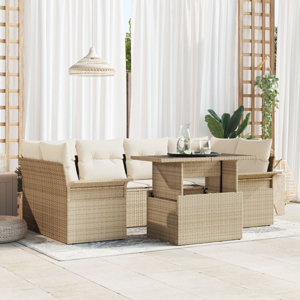 vidaXL Trädgårdsoffset med kudde med lagring 7 pcs Beige Poly rattan