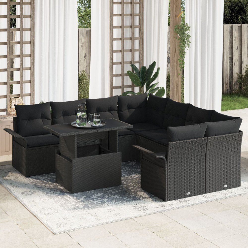 vidaXL Trädgårdsoffset 9 st Svart [Syntetisk]: Poly Rattan