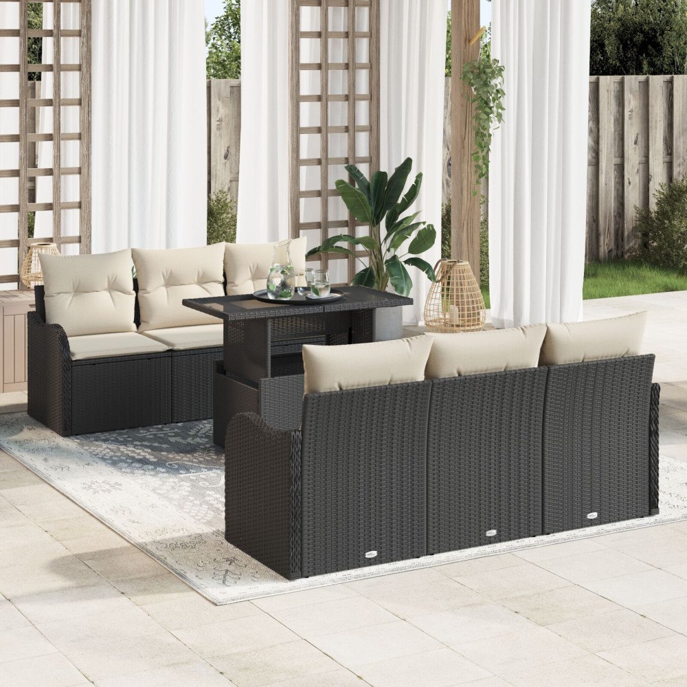 vidaXL Trädgårdsoffset 7 st 6-Antal sittplatser Svart Poly Rattan