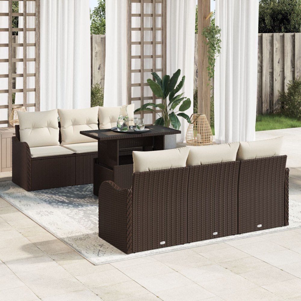 vidaXL Trädgårdsoffset 7 st 6-Antal sittplatser Brun Poly Rattan