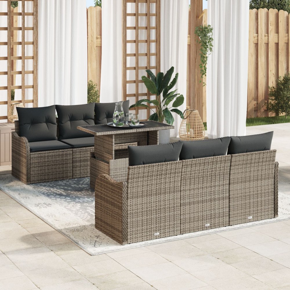 vidaXL Trädgårdsoffset 7 st 6-Antal sittplatser Grå Poly Rattan
