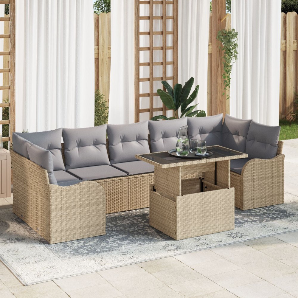 vidaXL Trädgårdsoffset 8 st 7-Antal sittplatser Beige Poly Rattan