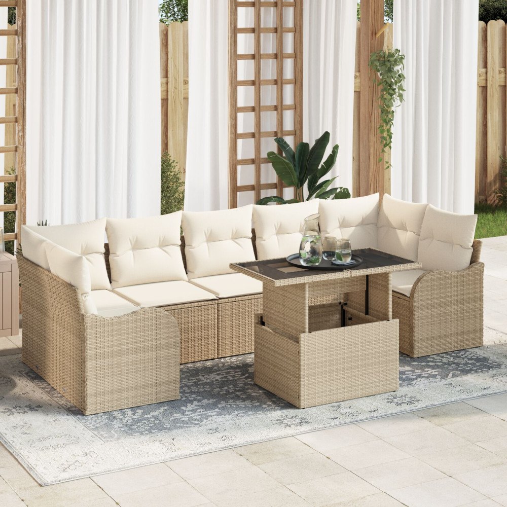 vidaXL Trädgårdsoffset 8 st 7-Antal sittplatser Beige Poly Rattan