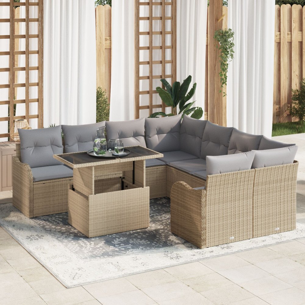 vidaXL Trädgårdsoffset 9 st 8-Antal sittplatser Beige Polyrattan