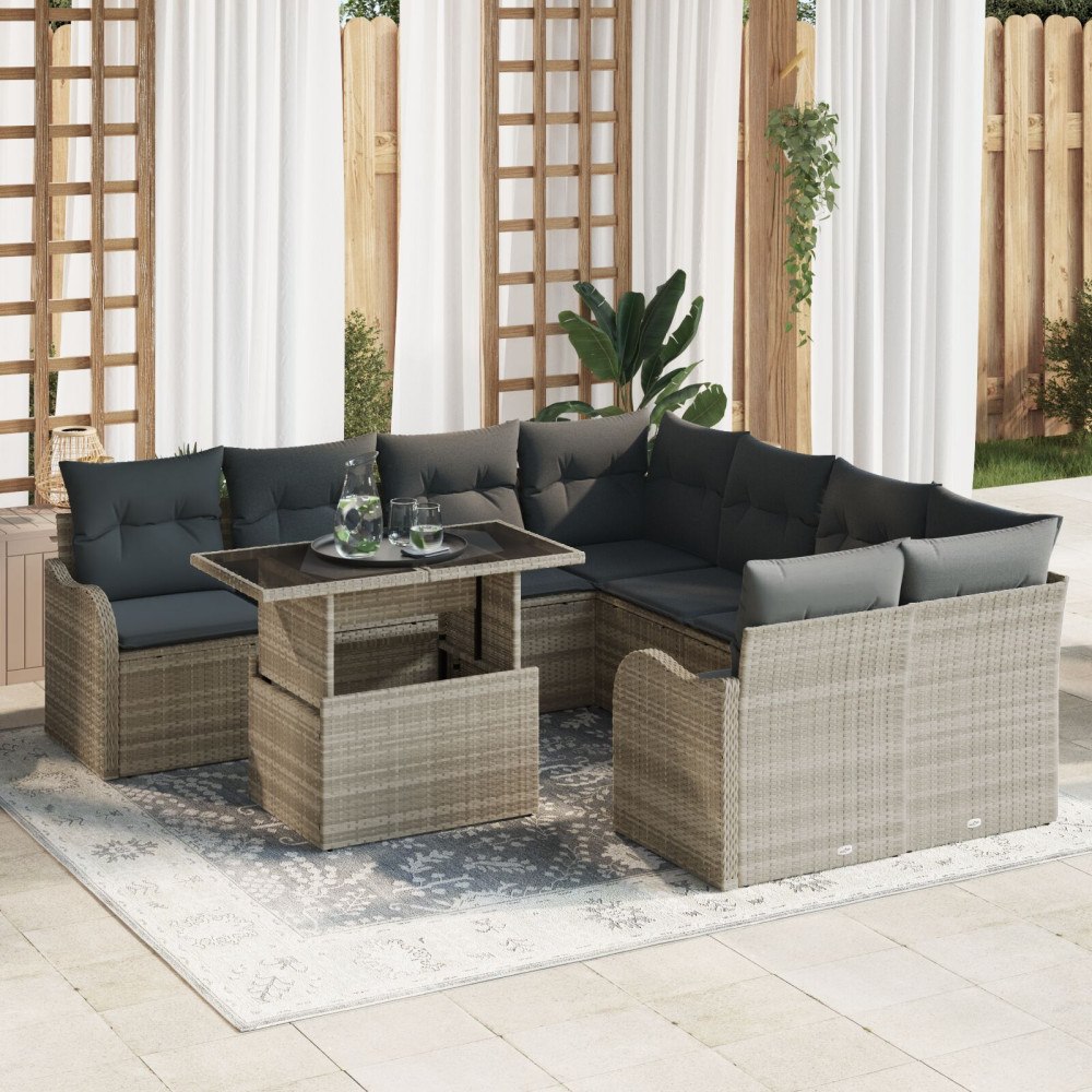 vidaXL Trädgårdsoffset 9 st 8-Antal sittplatser Ljusgrå Polyrattan