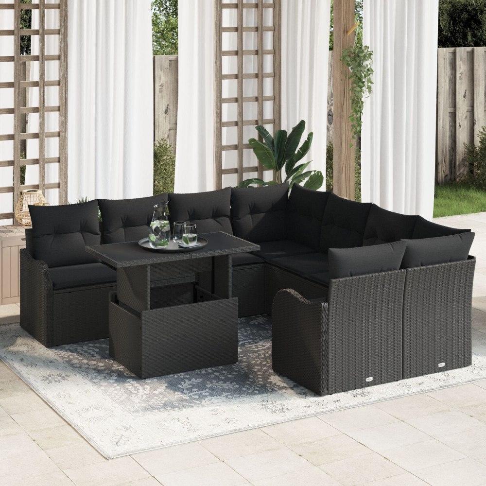 vidaXL Trädgårdsoffset 9 st 8-Antal sittplatser Svart Polyrattan