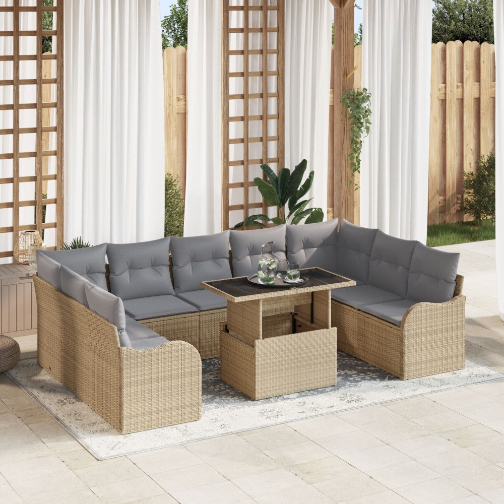vidaXL Trädgårdsoffset 10 st 9-Antal sittplatser Beige Poly Rattan