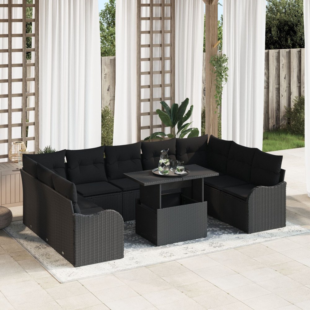 vidaXL Trädgårdsoffset 10 st 9-Antal sittplatser Svart Poly Rattan
