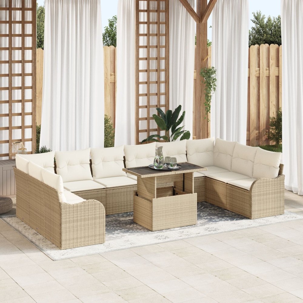 vidaXL Trädgårdsoffset 11 st 10-Antal sittplatser Beige Poly Rattan