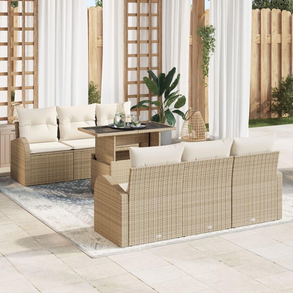 vidaXL 7-delars trädgårdsoffaset med kuddar beige poly rattan
