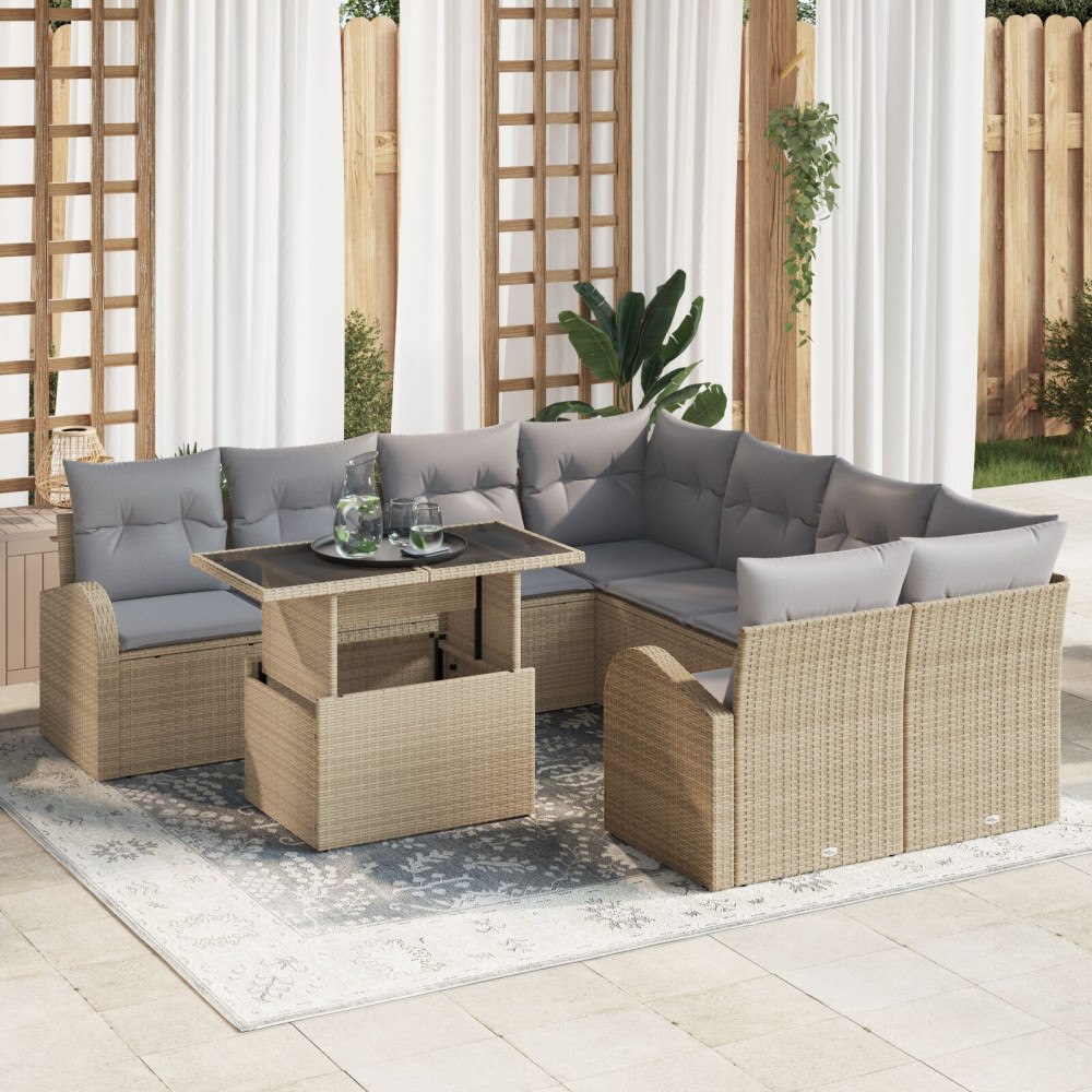 vidaXL Trädgårdsoffset 9 st Beige Poly Rattan