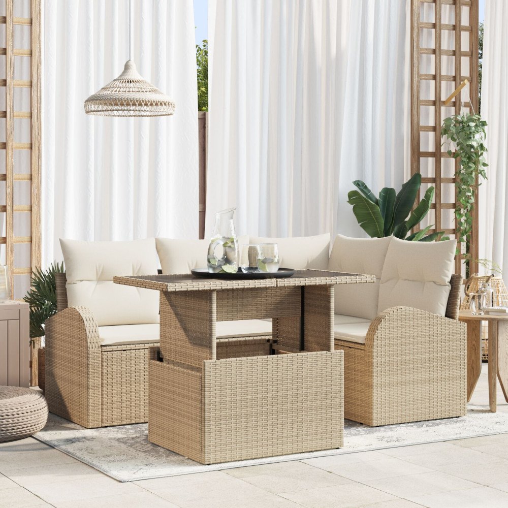 vidaXL 5-delars trädgårdsoffaset med kuddar beige Polyrotting