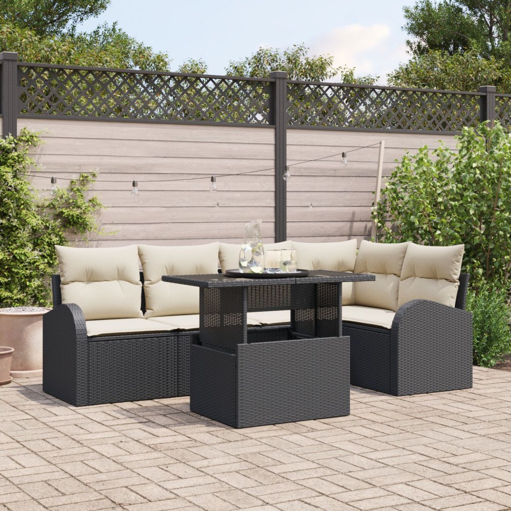 vidaXL Trädgårdsoffset 6 st 5-Antal sittplatser Svart Poly rattan