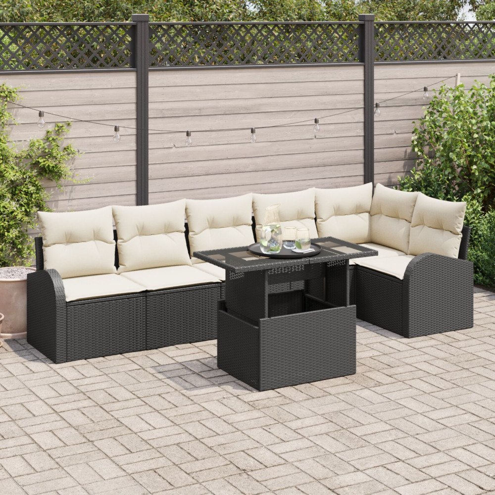 vidaXL Trädgårdsoffset 7 st 6-Antal sittplatser Svart Poly rattan