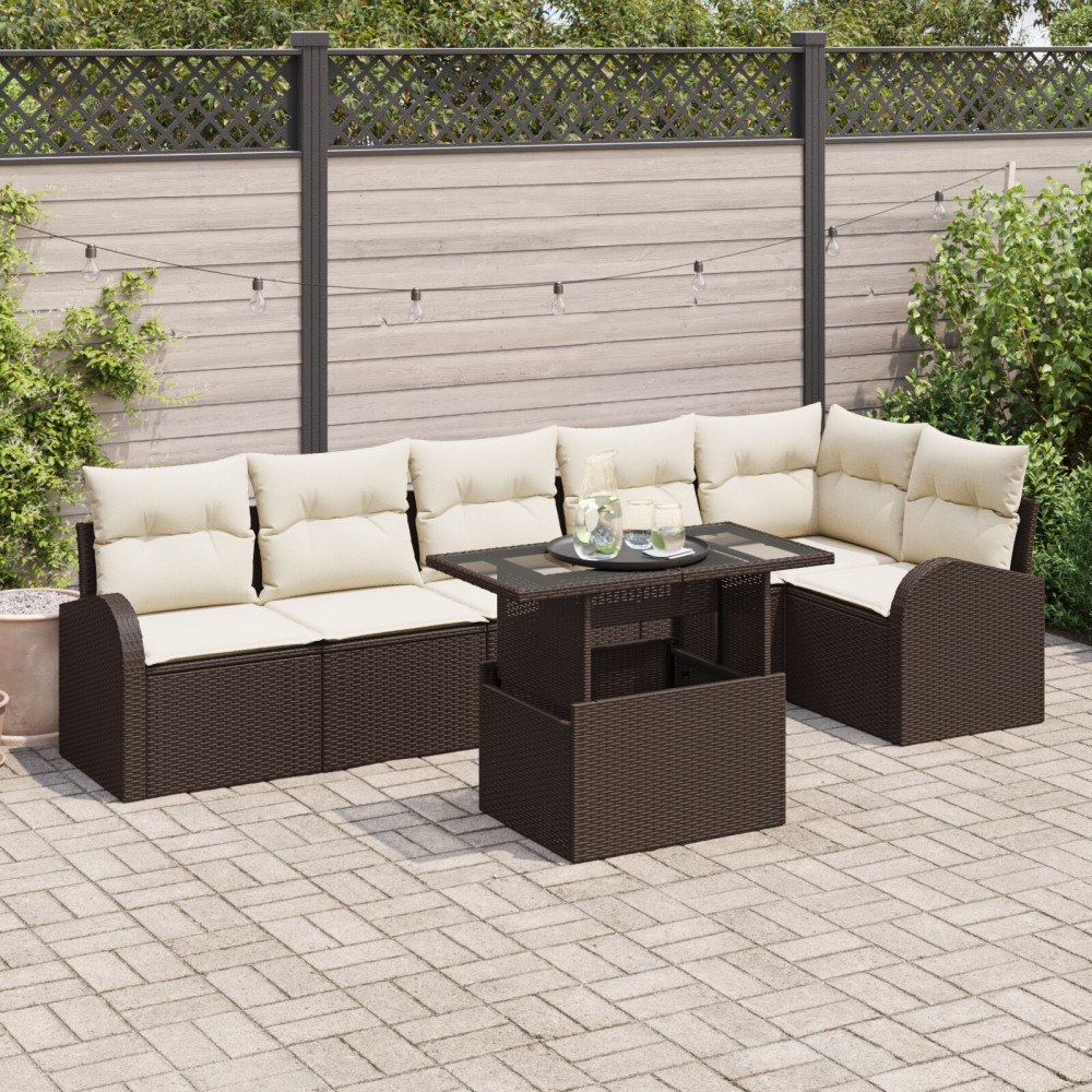 vidaXL Trädgårdsoffset 7 st 6-Antal sittplatser Brun Poly rattan