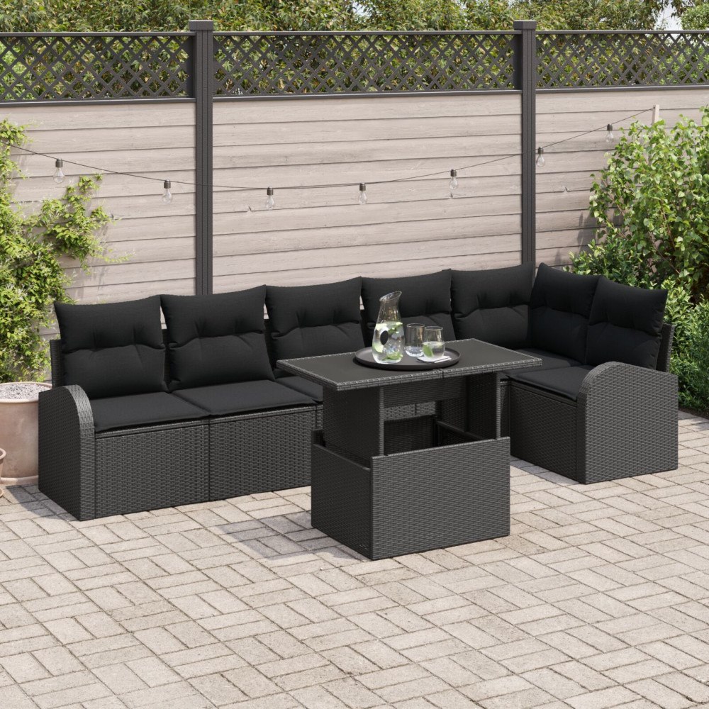 vidaXL Trädgårdsoffset 7 st 6-Antal sittplatser Svart Poly rattan