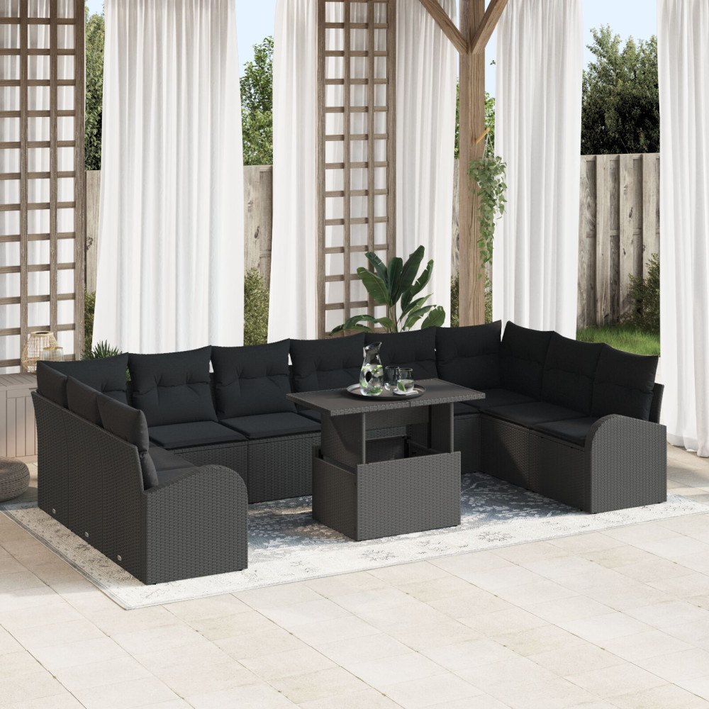 vidaXL Trädgårdsoffset 11 st Svart Poly rattan
