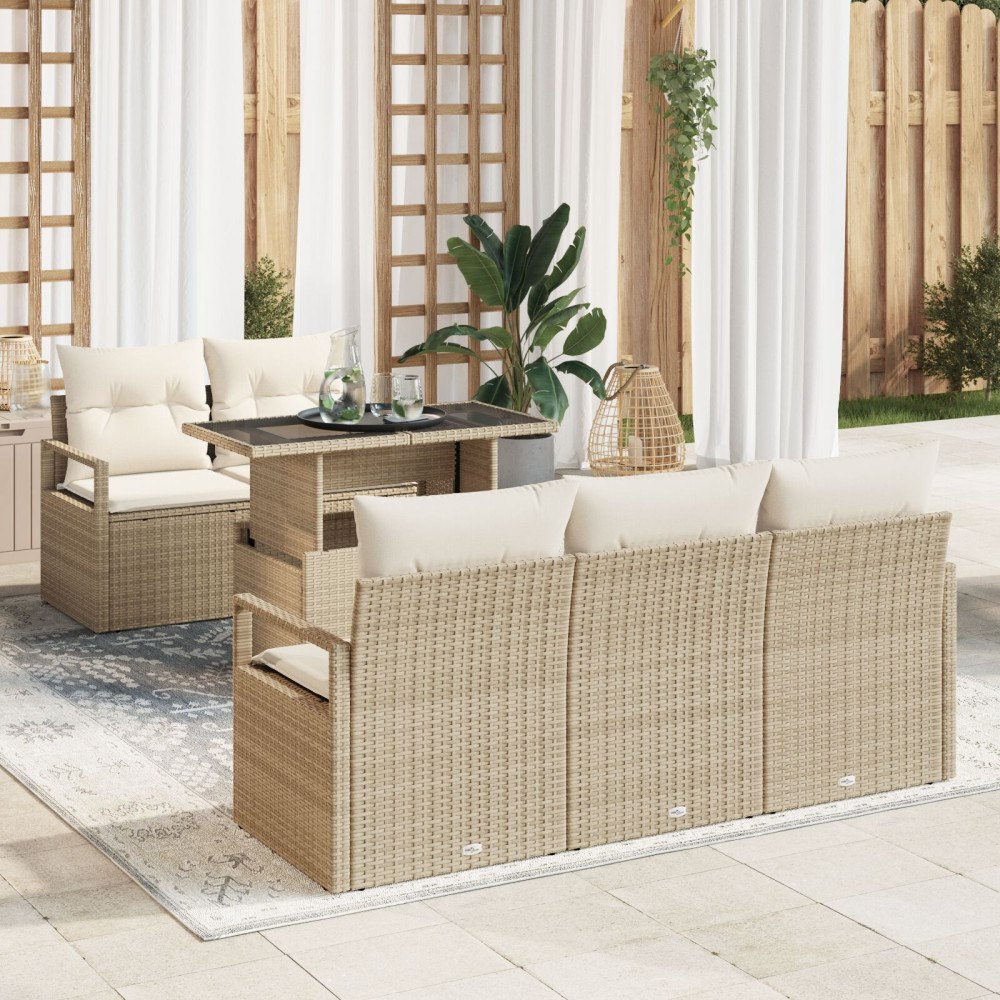 vidaXL 6 Delars Trädgårdsoffset med Kuddar Beige Poly Rattan