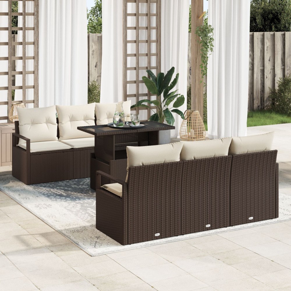vidaXL Trädgårdsoffset med lagring 7 pcs Brun Poly rattan