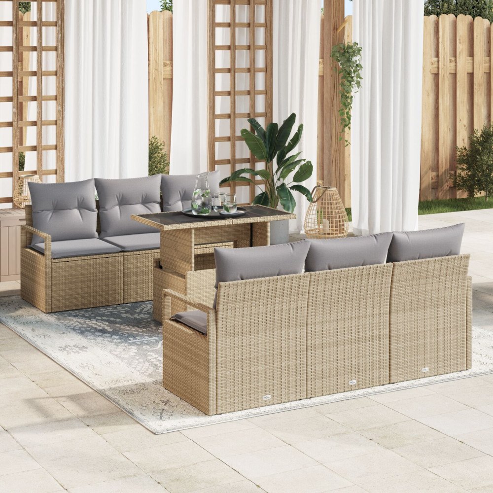 vidaXL Trädgårdsoffset med kudde med lagring 7 pcs Beige Poly rattan