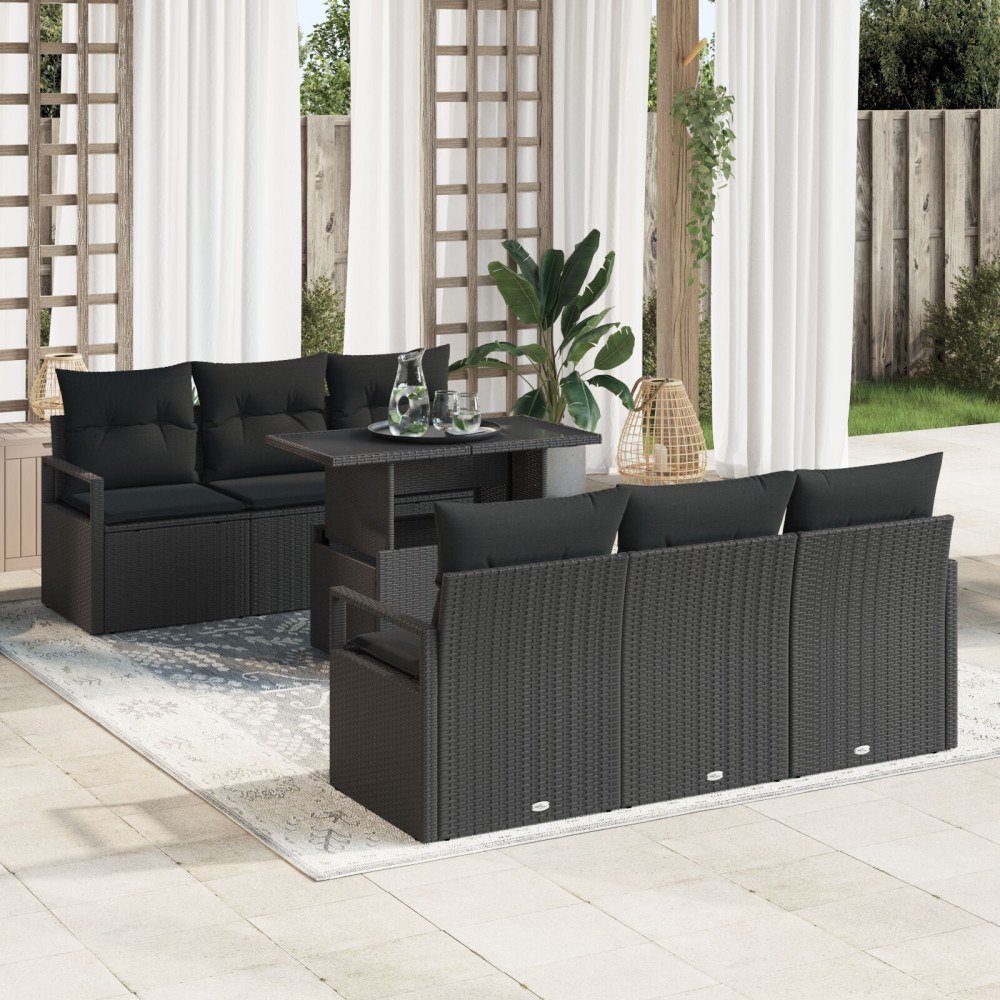 vidaXL Trädgårdsoffset 7 st Svart Poly rattan